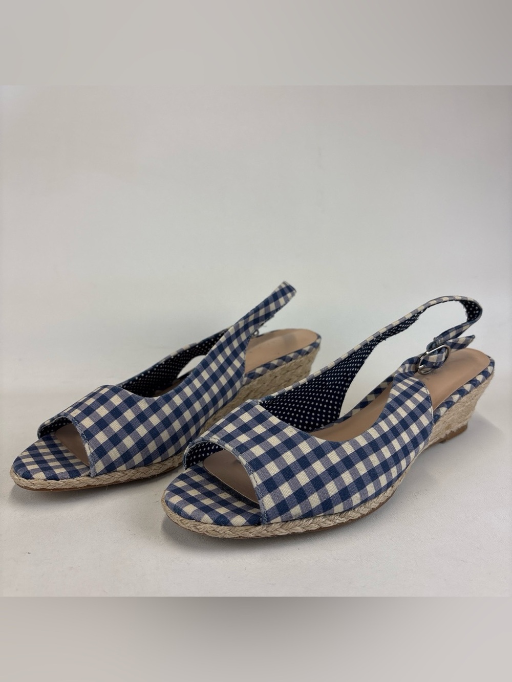 Kelly and Katie blue and white gingham espadrille wedge sandals
